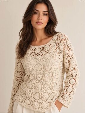 Vintage 90s Y2K Judy’s floral crochet cream sweater top in excellent condition